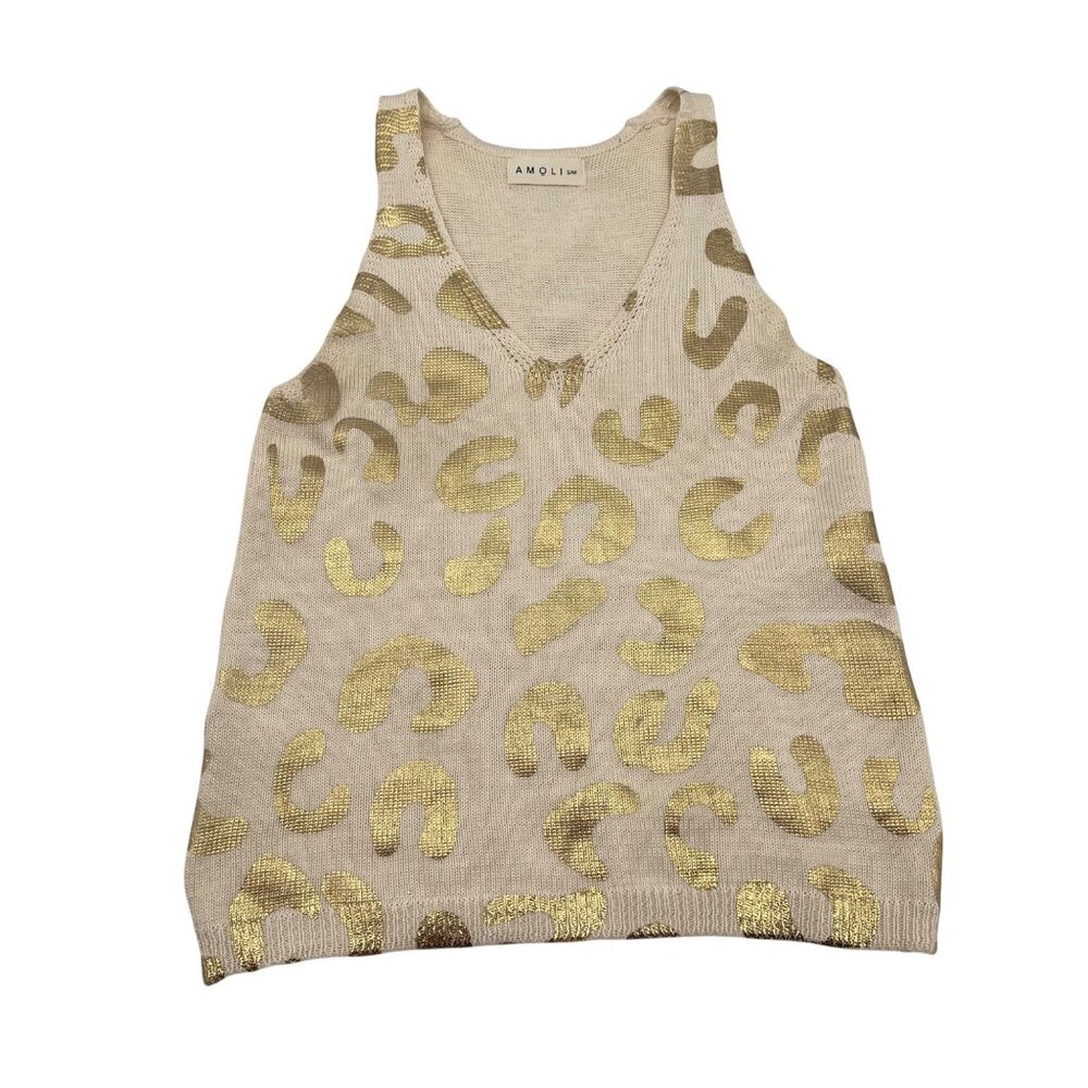 AMOLI Knit Leopard Print V Neck Tank Top Size S M Beige‎ Gold Metallic